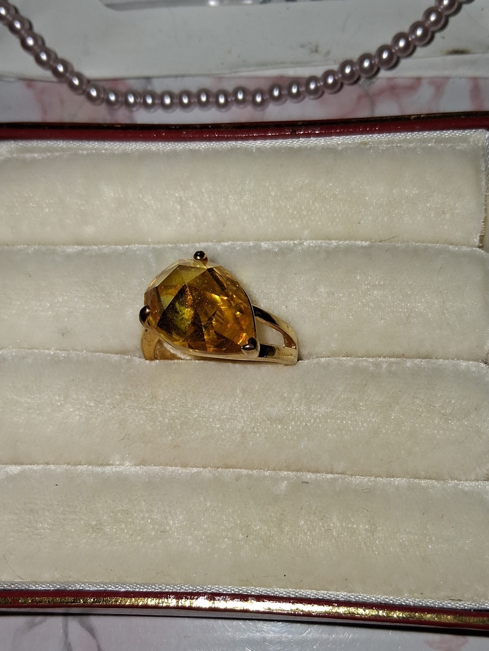Source Unknown Gold-Tone Ring with Amber-Colored Pear Stone